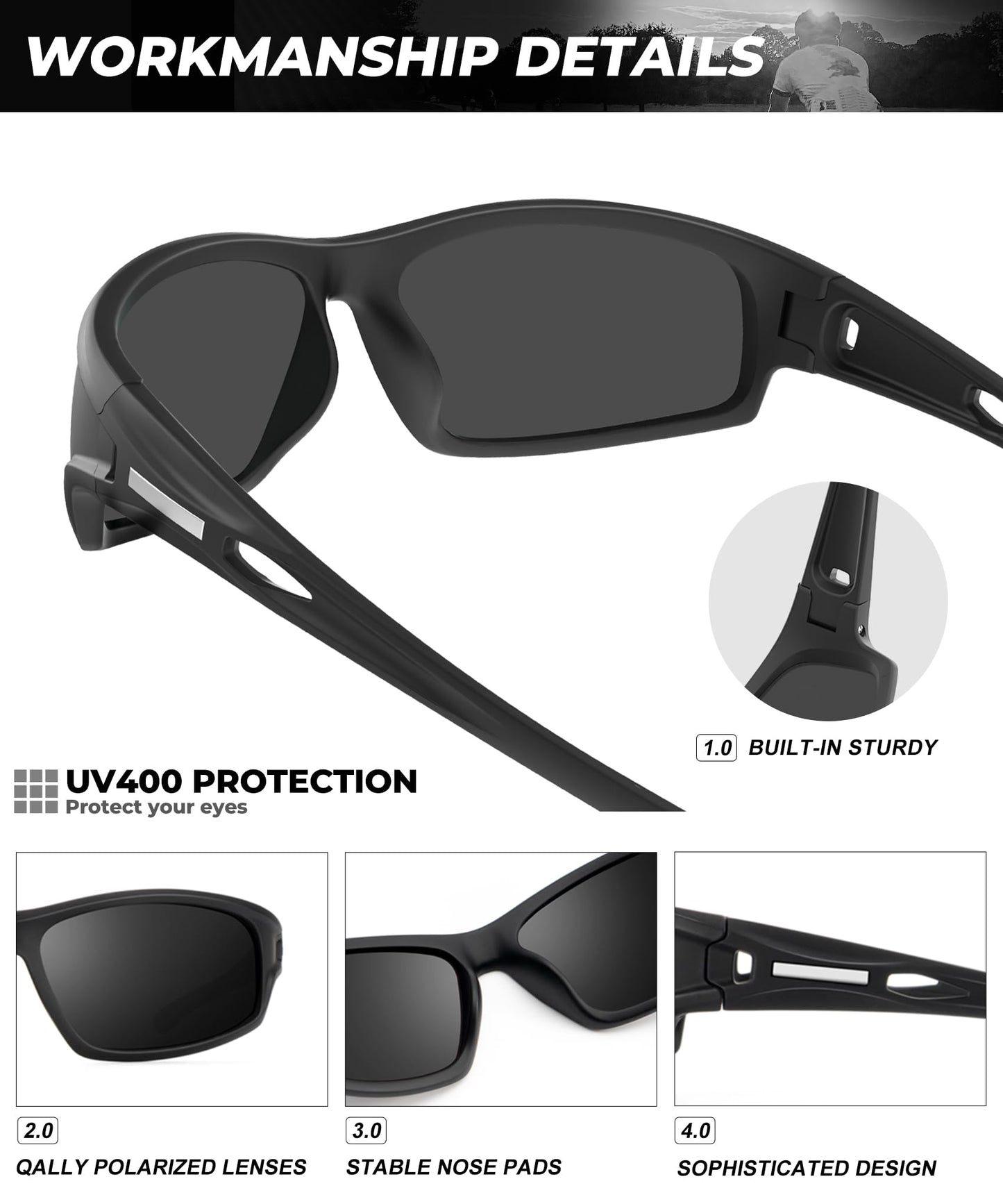QALLY Polarized-Sunglasses-Men Sports Mens-Sunglasses: Sun-Glasses with UV400 Protection for Driving Golf Fishing Running