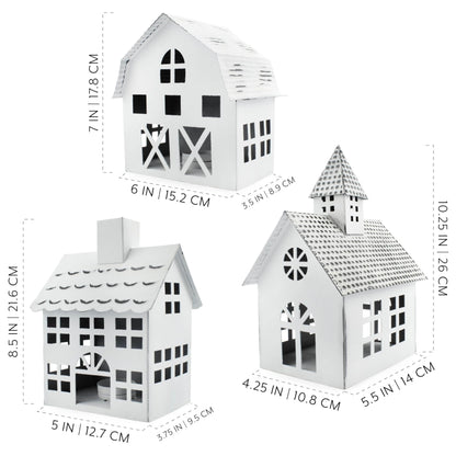 AuldHome Design Farmhouse Christmas Village Collection #2 w/Church, Barn and School (Set of 3, White); Candle Lantern Decorative Christmas Town Display