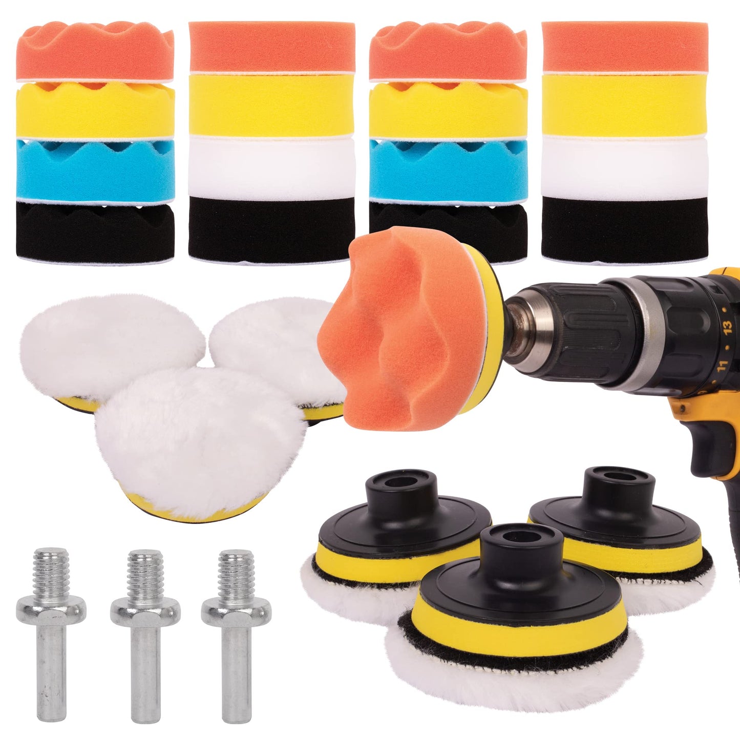 GADLANE Car Polishing Pads for Drill - 25 PCS Buffing Attachment for M10 Drills, Cordless Screwdrivers and Polishing Machines - Assorted Levels of Softness (Drill Not Included)