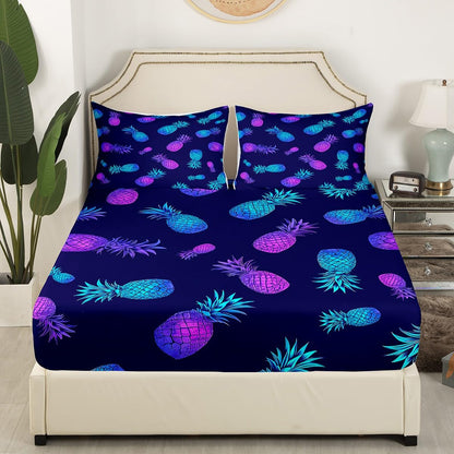 Pineapple Bed Sheet Set Tropical Fruit Print Bedding Set Purple Blue Pineapple Pattern Fitted Sheet for Children Kids Boys Girls Bohemian Exotic Style Bed Cover No Flat Sheet Room Decor Twin Size