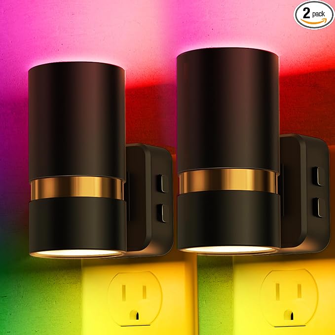 L LOHAS LED Night Light, 10-Color Changing Night Light with 180° Rotatable Plug, RGB Nightlight with Dusk to Dawn Sensor, Adjustable Brightness, Plug in Nightlight for Kids Bedroom Decor, 2 Pack