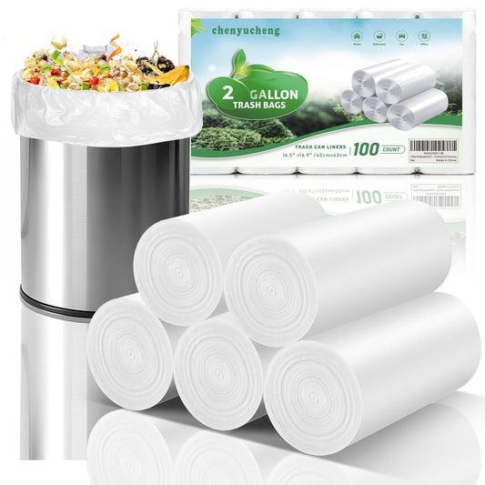 2 Gallon Biodegradable Mini Trash Bags - White Compostable Small Garbage Bag For Bathroom Can Unscented Kitchen Office Car Waste Basket Liners 100 count Tiny Strong Thick Chenyucheng