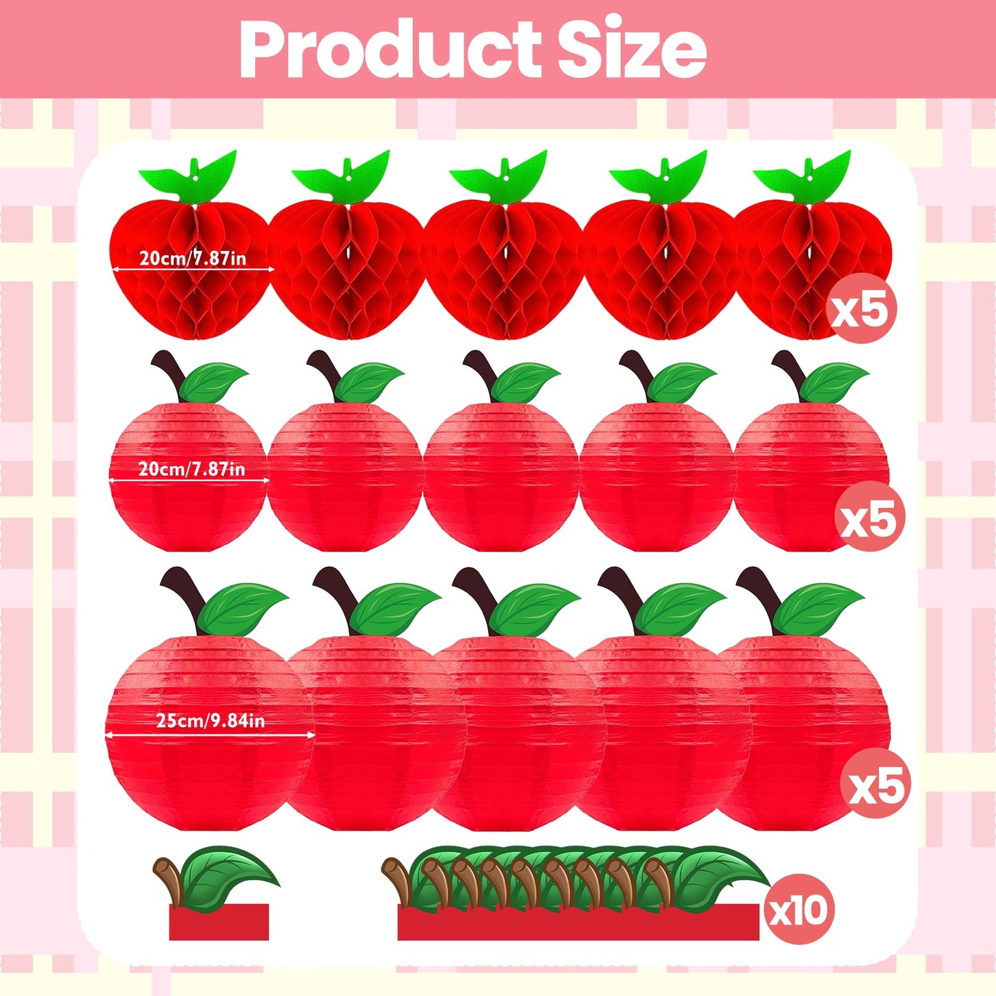 15Pcs Red Apple Paper Lanterns, Apple Decor Hanging Decorations Classroom Home Office Birthday & Fruit Themed Parties