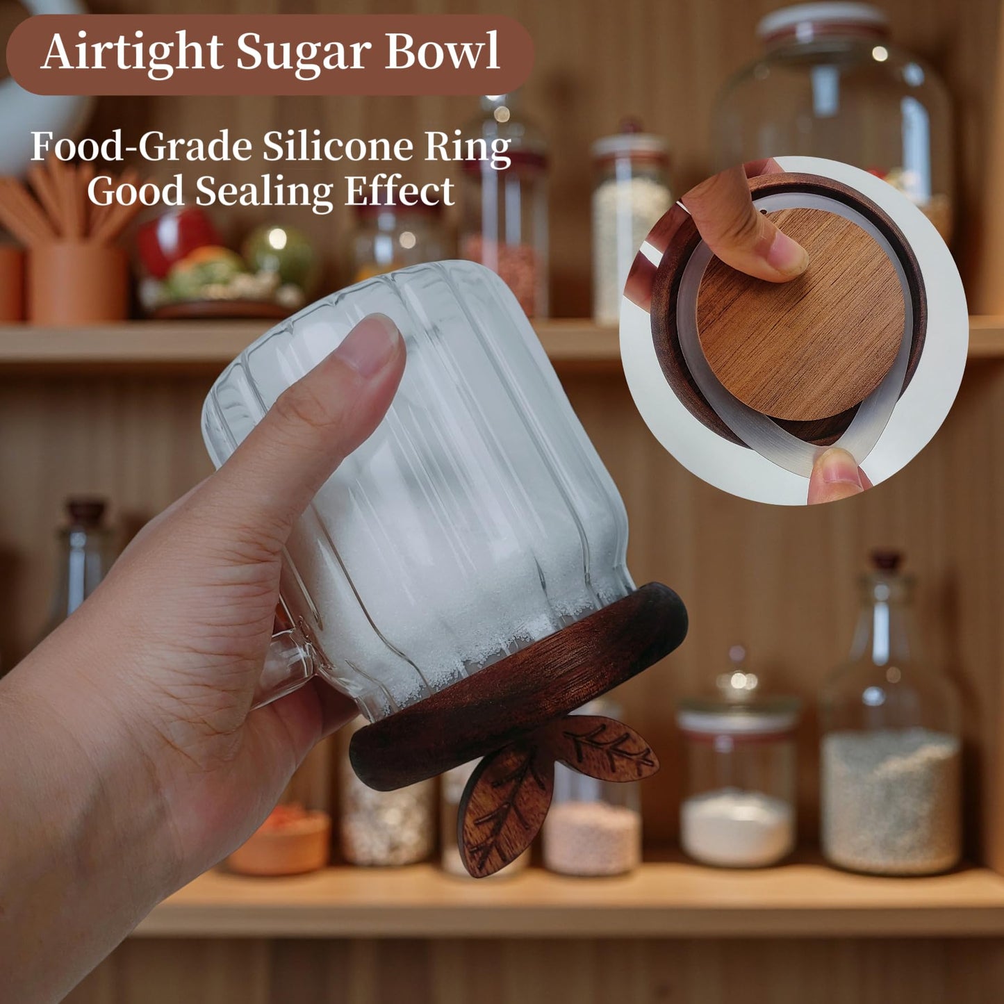 BUITLU Sugar Bowl with Lid and Spoon,17 oz Sugar Container for Coffee Bar, Glass Coffee Canister, Airtight Food Storage Jar, Brown Sugar Container, Cereal Tea Salts Spice Jar