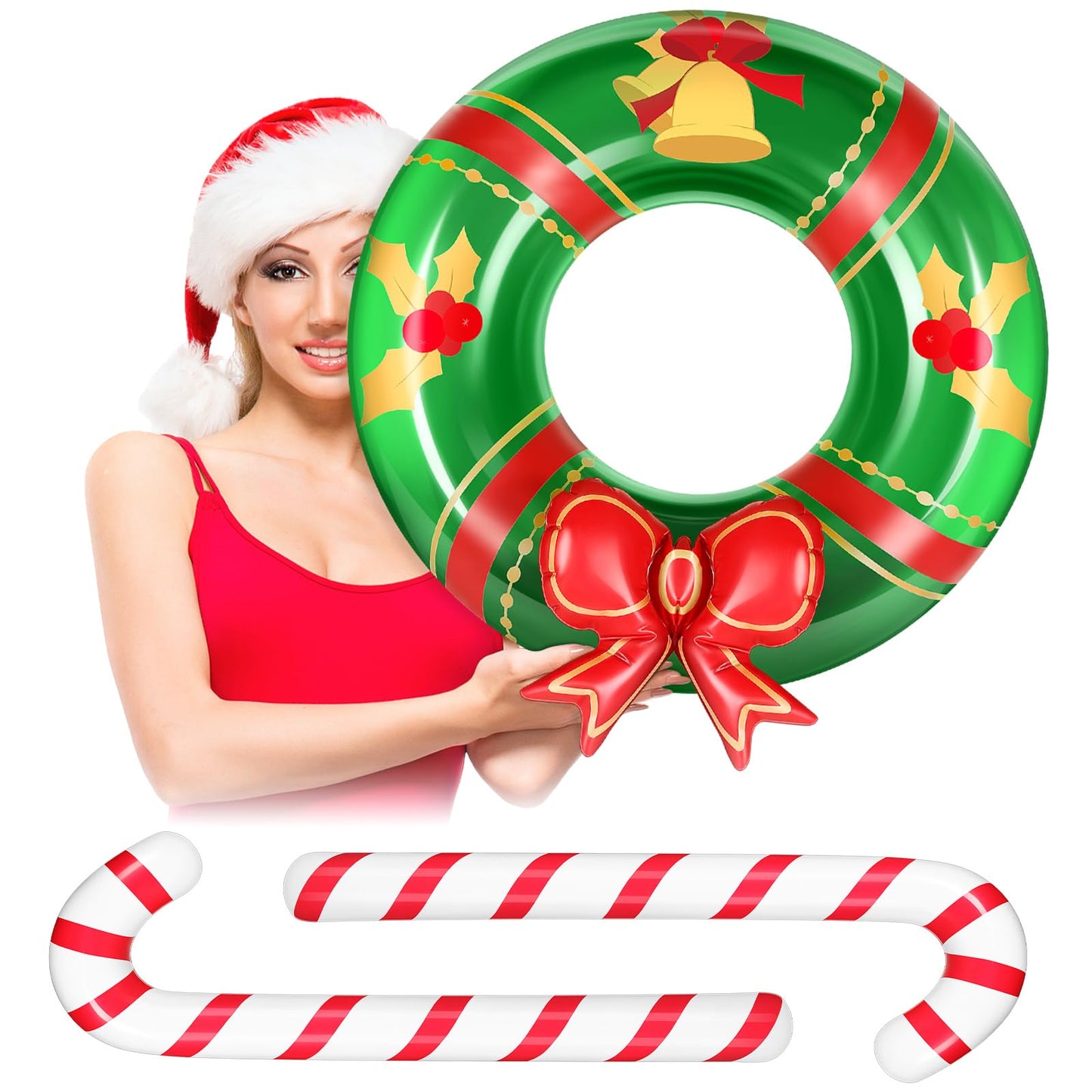 3 Pcs Christmas Inflatables Decorations 2.95 Ft Inflatable Candy Canes and 3.28 Ft Christmas Wreath Blow up Xams Outdoor Decorations Holiday Party Supplies for Garden Patio Lawn