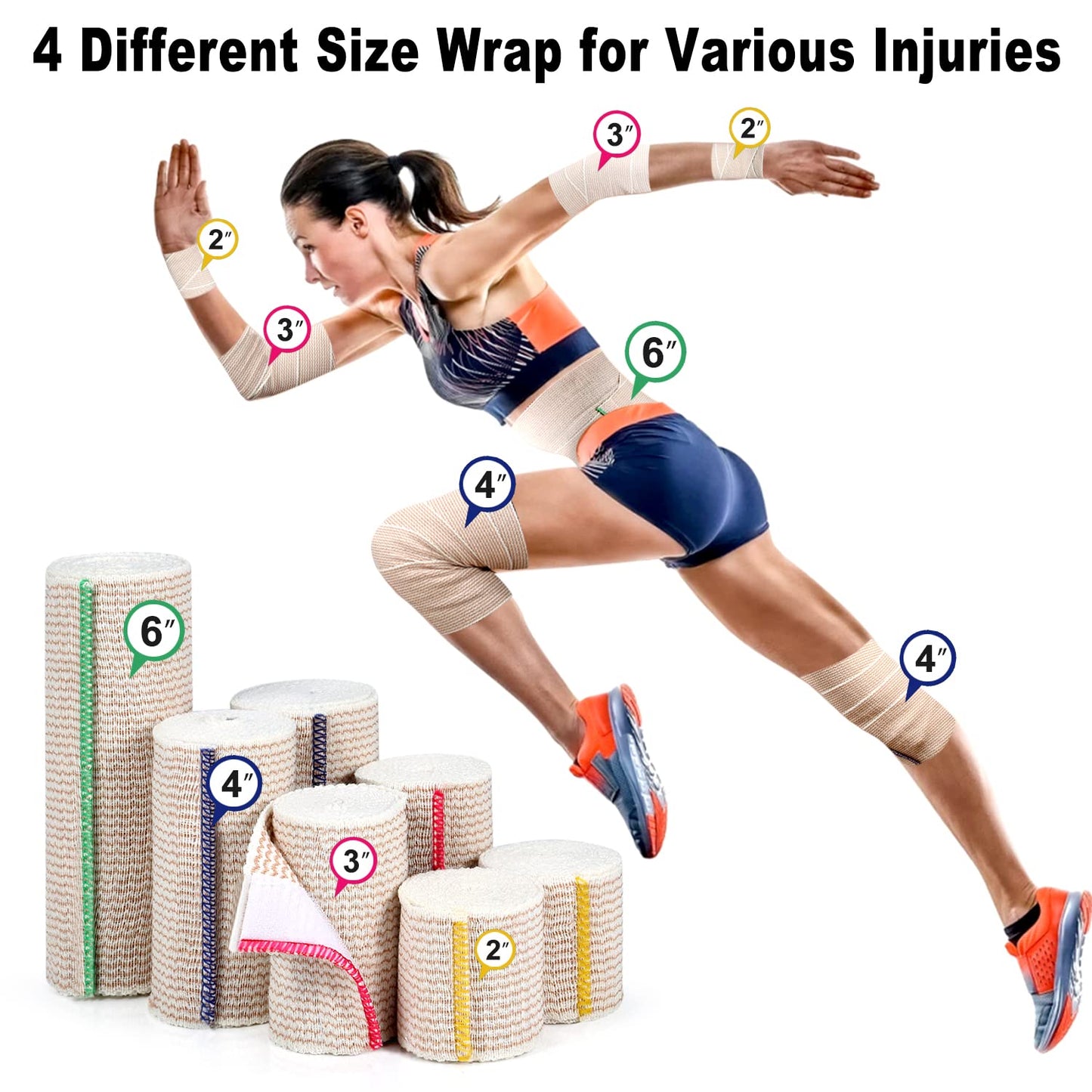 FRESINIDER Premium Elastic Bandage Wrap, 6 Pack 4" Cotton Latex Free Compression Bandage Wrap with Touch Closure at Both Ends, Support & First Aid for Sports, Medical, and Injury Recovery