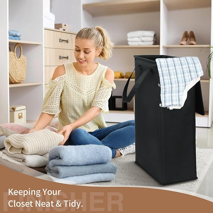 Slim Laundry Basket with Lid and Handles, Foldable Laundry Basket
