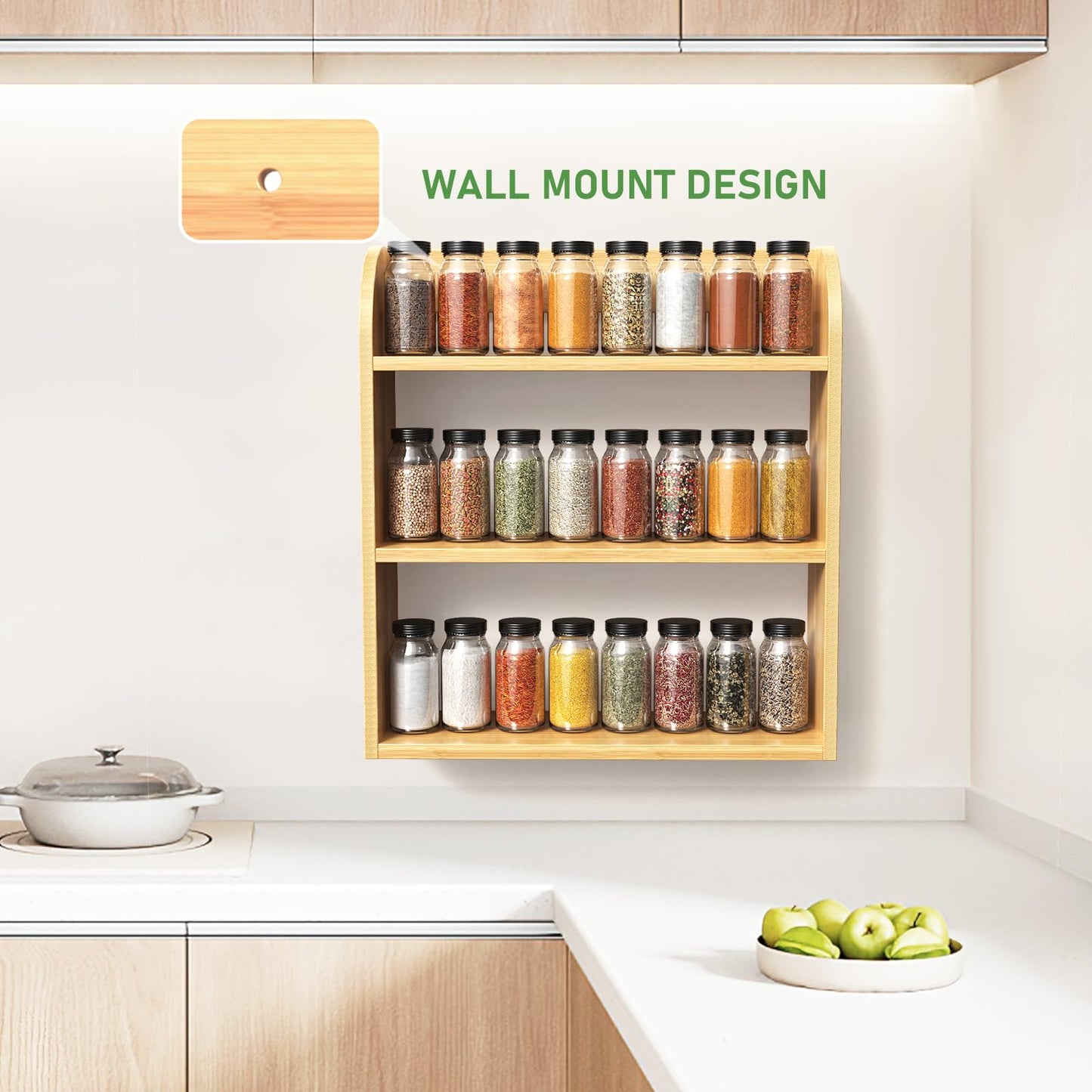 ROMGUAR CRAFT 3 Tier Bamboo Spice Rack, Countertop or Wall Mounting Wood Spice Jars Organizer Shelf for Kitche, Pantry (Natural)