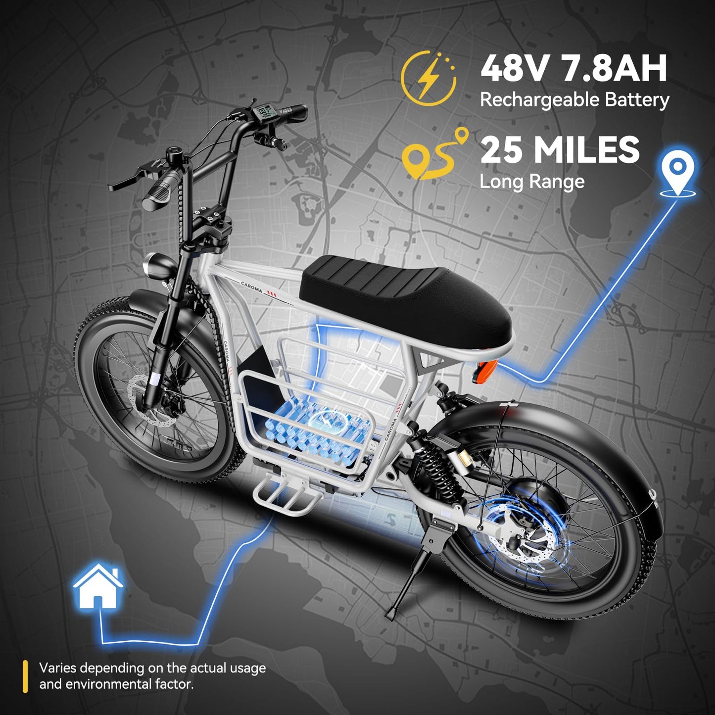 Caroma Electric Scooter for Adults with Seat Peak 1000W, 20" All-Terrain Fat Tire Electric Bike,Dual Shock Absorbing, 25 Miles & 20MPH Top Speed E-Scooter with Basket for Pet&Cargo,White