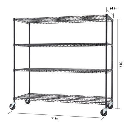 Trinity Basics 4-Tier Adjustable Wire Shelving with Wheels for Kitchen Organization, Garage Storage, Laundry Room, NSF Certified, 600 to 1800 Pound Capacity, 60” by 24” by 54”, Black