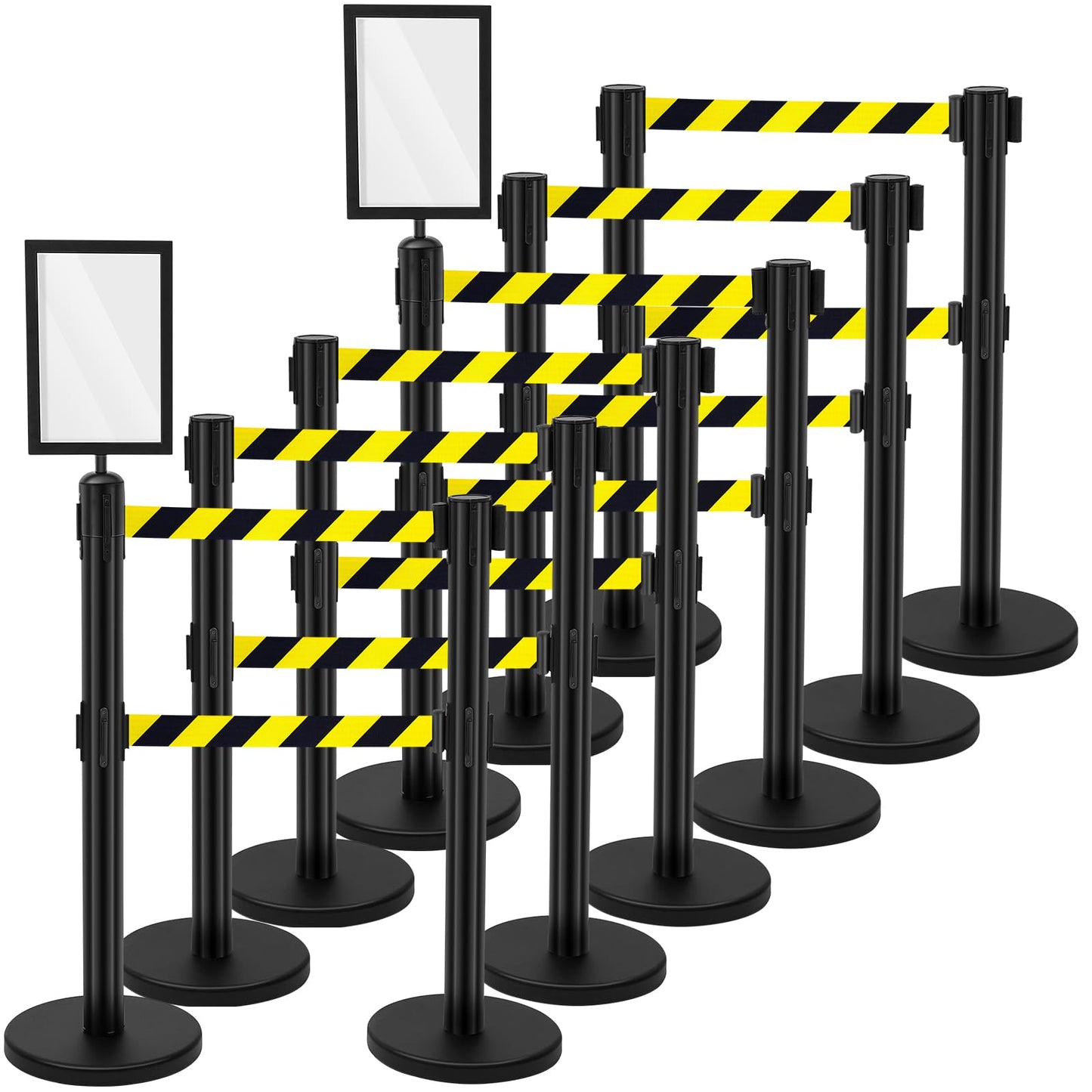 Therwen 12 Pcs Crowd Control Stanchions Set, Double Retractable Safety Belt, Heavy Duty Stainless Steel Crowd Control Barrier, Solid Metal Base, Easy Connect Assembly (16.4 ft,Black)