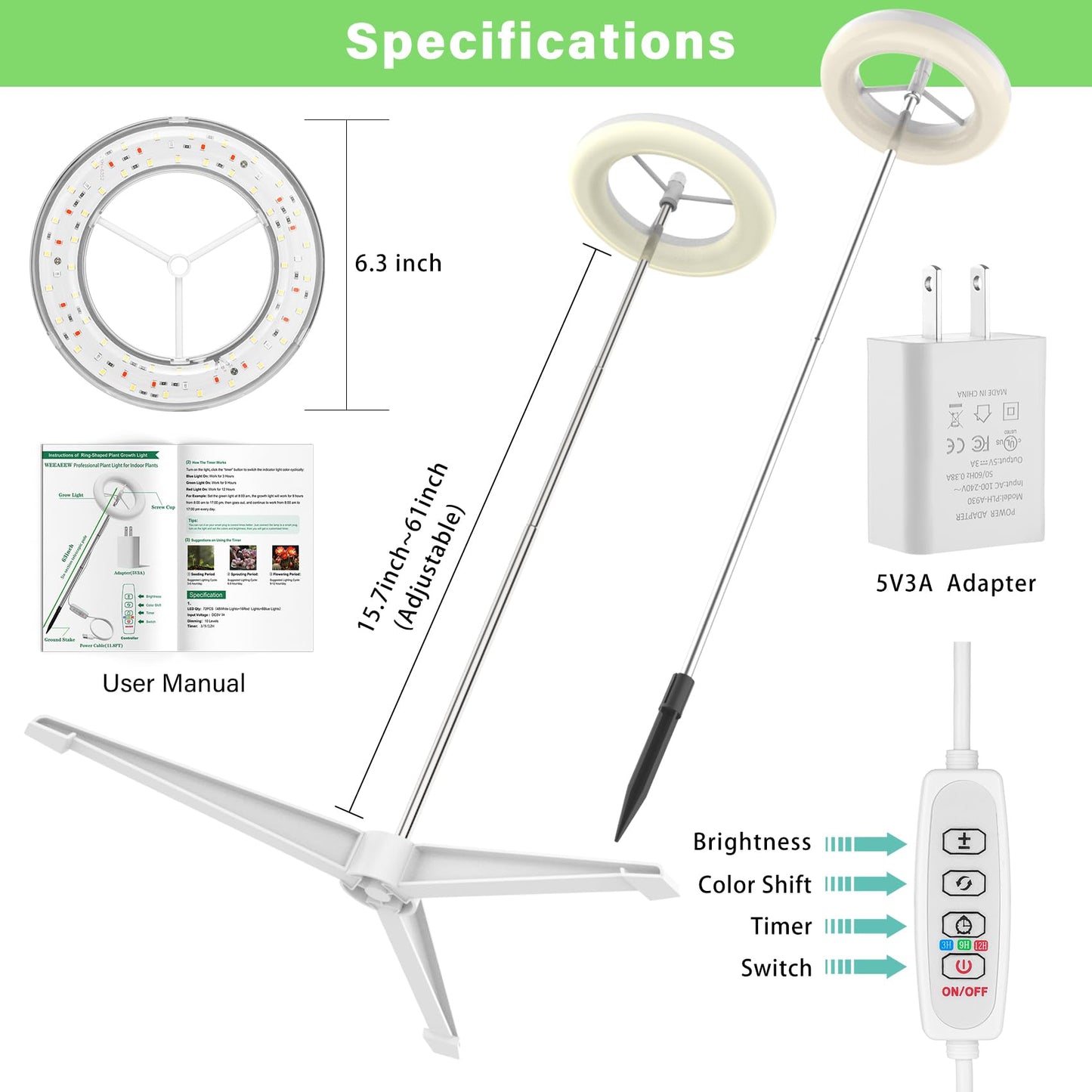 WEEAEEW Grow Light for Indoor Plants with Tripod Stand, Full Spectrum Plant Lamp 61" Tall Halo Grow Lights for Plant with Automatic Timer, 72 LEDs Plant Light Height and Brightness Adjustable