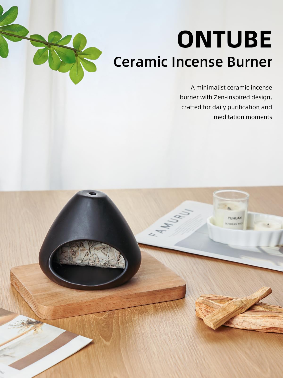 Ceramic Palo Santo Holder, Modern Incense Burner, Smudge Bowl (Black)