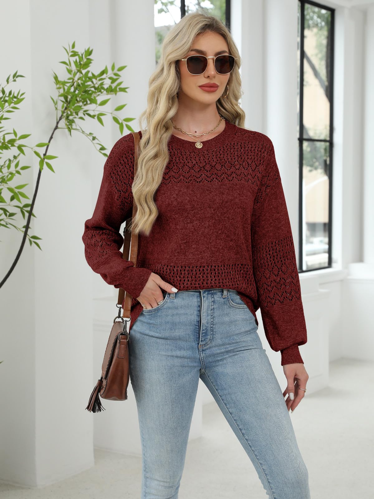 Lylinan Womens Sweaters Casual Boho Long Sleeve Shirts Crewneck Lightweight Crochet Tops Pullover Knit Sweater