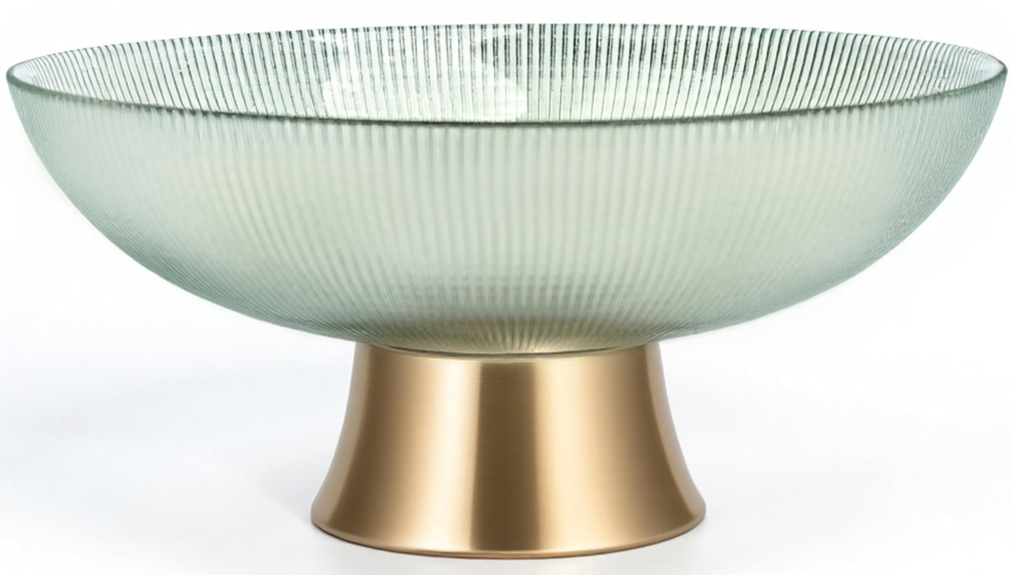 Round Glass Decorative Bowl (Green), 9.8 Inches Handblown Striped Design Glass Bowl with Rust Resistant Metal Base,Decor Fruit Bowl for Home Decor,Table Centerpiece,Kitchen Island and Dining Decor