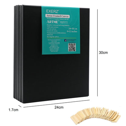 Exerz 24x30cm Black Stretched Canvas 5pk - Framed 1.7cm Pre-Stretched Artist Canvas - 280GSM 100% Cotton Triple Primed/Acid Free/Medium Grain - Acrylic & Oil Paint