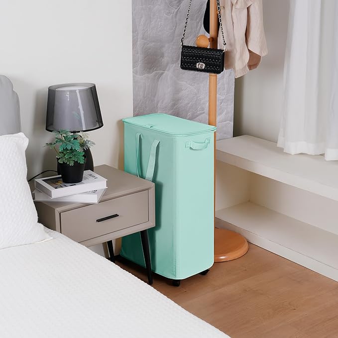 Slim Laundry Hamper with Lid and Wheels, Small Rolling Laundry Basket with