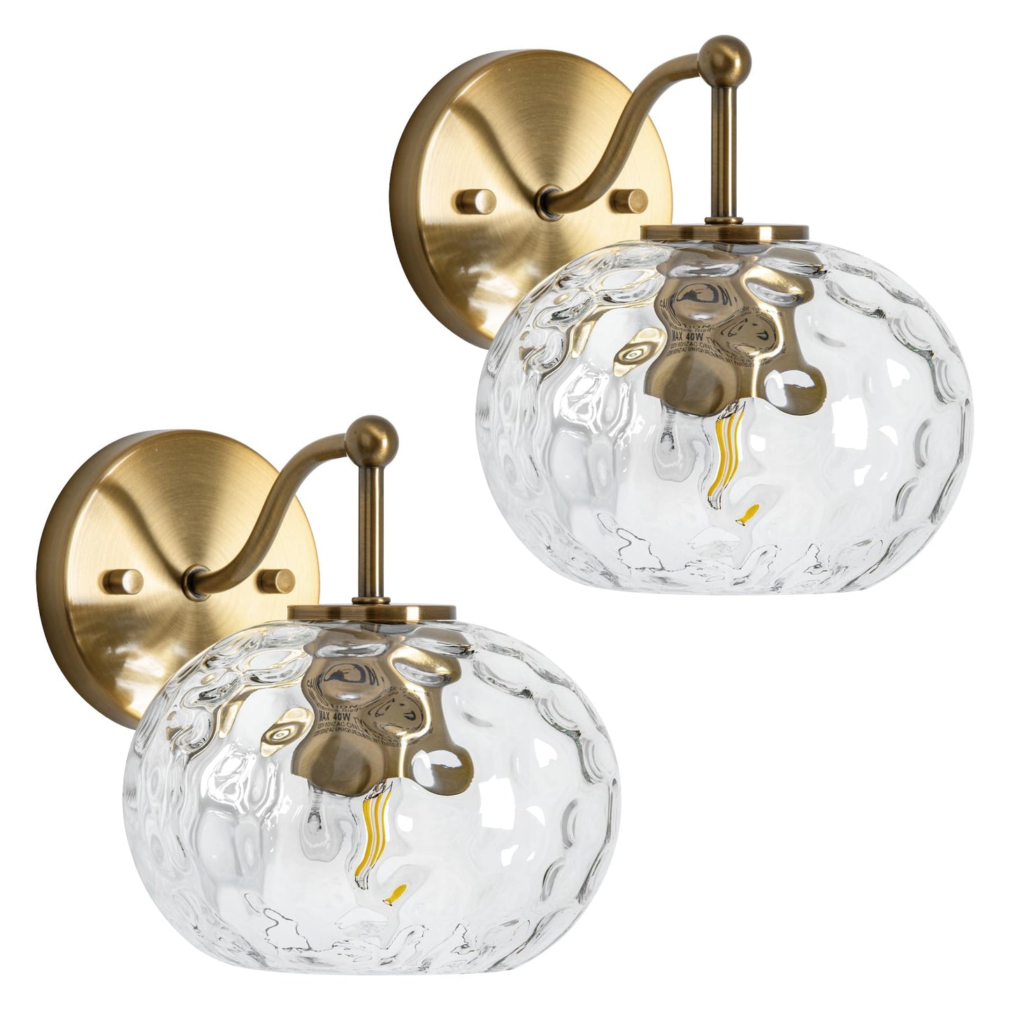 Wrlmfy Modern Iridescent Glass Wall Sconce Gold Brass Wall Light Set of 2 Hammered Clear Glass Vanity Light for Bedroom Hallway Living Room Stairwell Bathroom Over Mirror