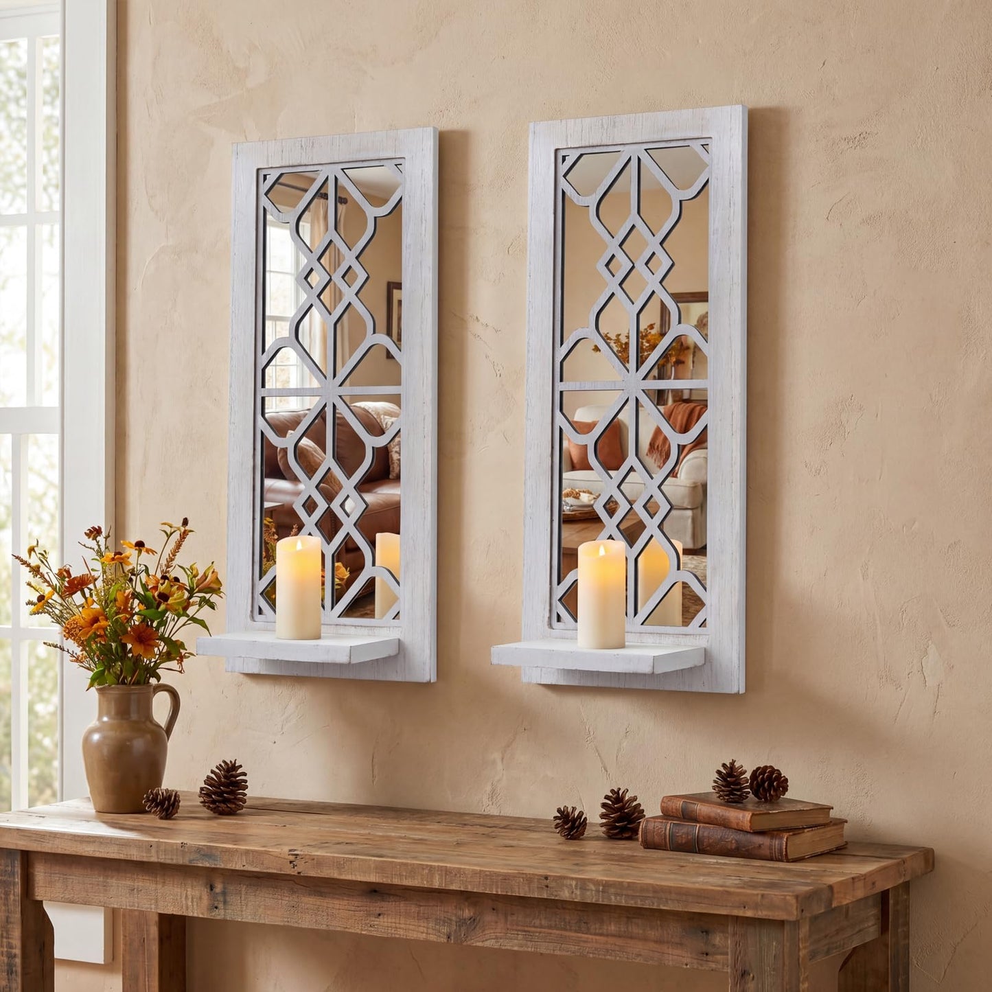 ZEXUIRU 2 Set Rustic Candle Sconces Living Room Bedroom Entryway Wood Mirrored, Farmhouse, Carved Frame Wall-Mount Wooden Candle Holders Wall Decor Hanging Handmade Holder - Distressed White