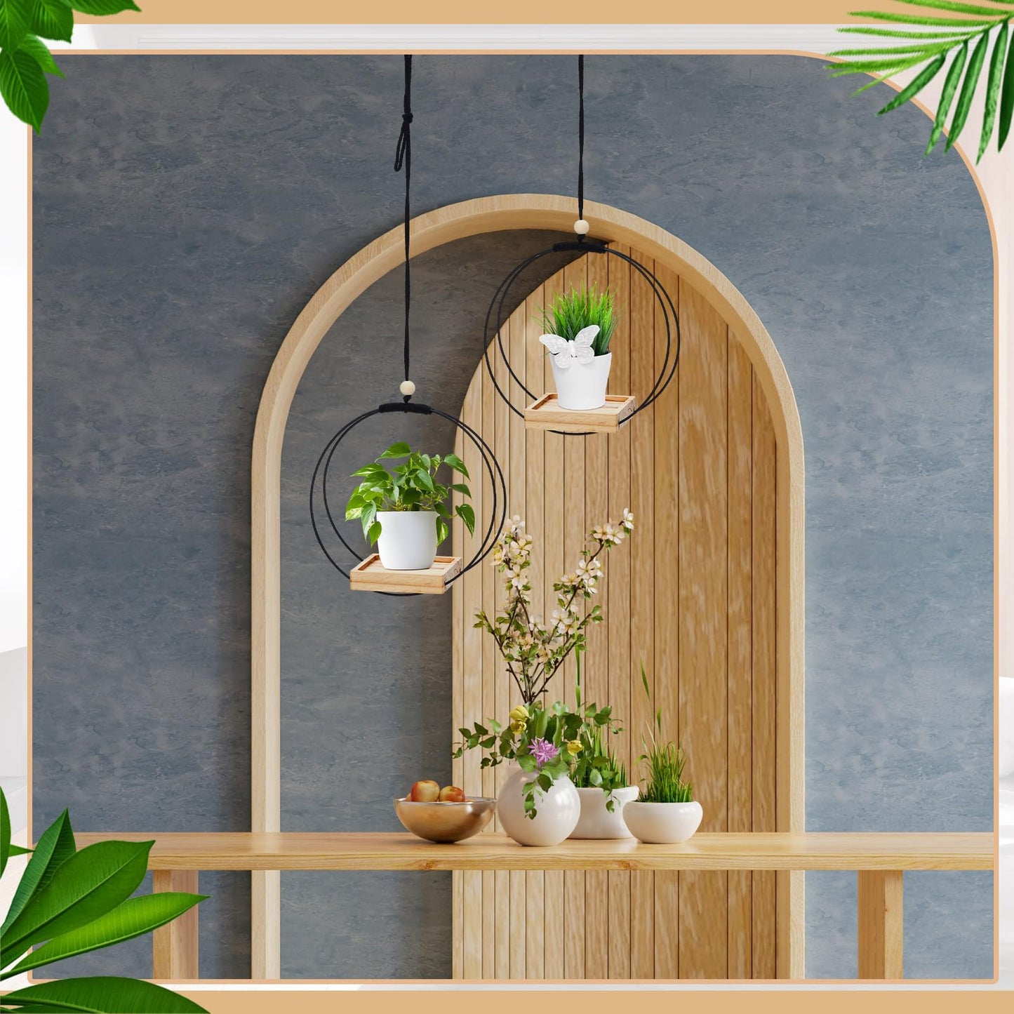 Geelin 2 Pack Plant Hanger with Wood Base Hanging Window Planter Boho Macrame Hanging Plant Holders for Window Indoor Outdoor Room Ceiling Home Decorations(Black)