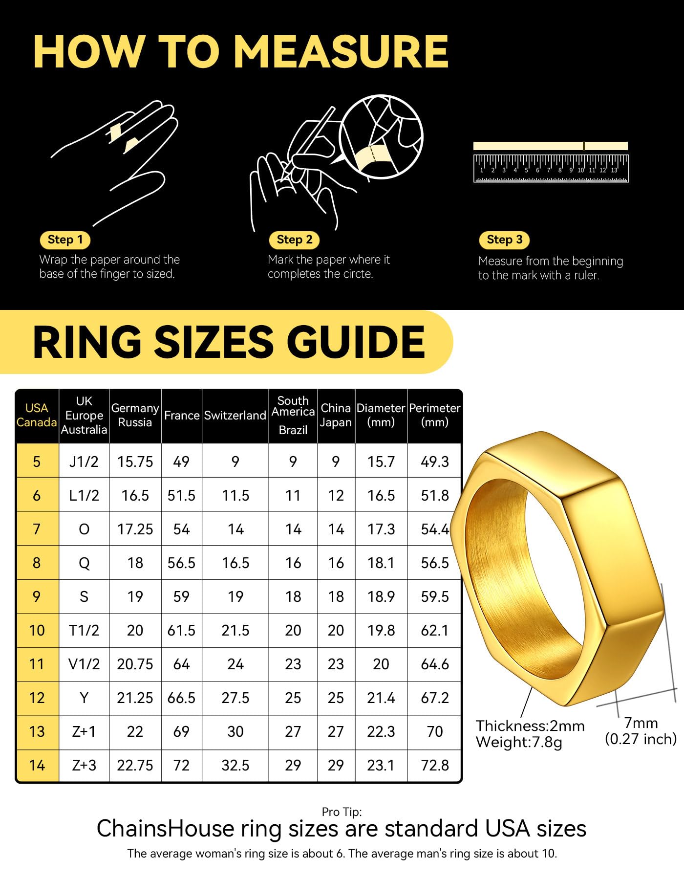 ChainsHouse Gold Hexagon Geometric Ring for Men Women, Cool Punk Hip Hop Biker Band Rings(Size 9)