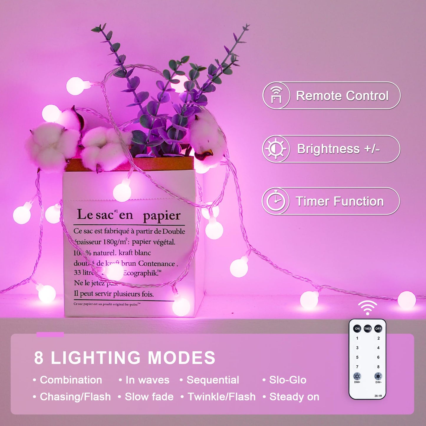JMEXSUSS 100 LED Pink String Lights Indoor,33 ft Connectable Globe Pink Lights Plug in, 8 Mode Fairy Valentine Light with Remote for Bedroom Girl Room Anniversary Party Valentines Day Decorations