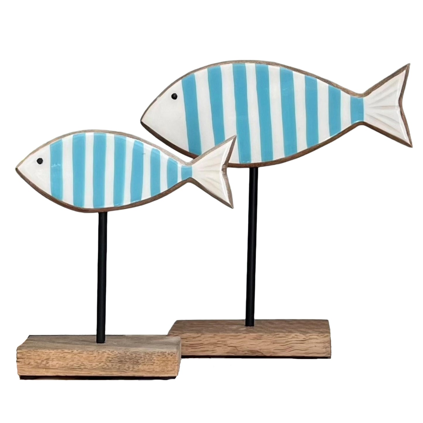 WHW Whole House Worlds Beach Chic Striped Fish Figurines, Set of 2, Glossy Blue and White, Wood, Post Mounted, Rectangle Gallery Base, 8.25 Inches