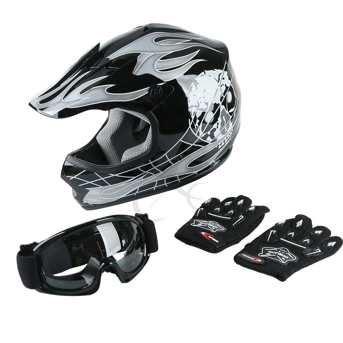 SLMOTO Youth Kids Motocross Offroad Street Helmet Motorcycle Helmet Dirt Bike ATV DOT Approved Black Skull Helmet+Goggles+Gloves Black Skull Design Small