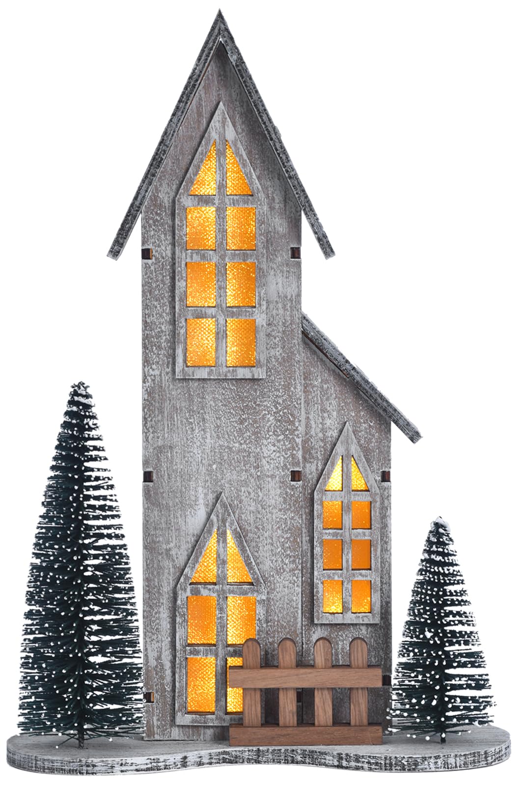 Wooden Christmas Village House with LED, Xmas Decor Indoor Tabletop Centerpiece with Tree, Lighted Christmas House Decor for Home Shelf Mantle, Winter Holiday Village Display (Style A)