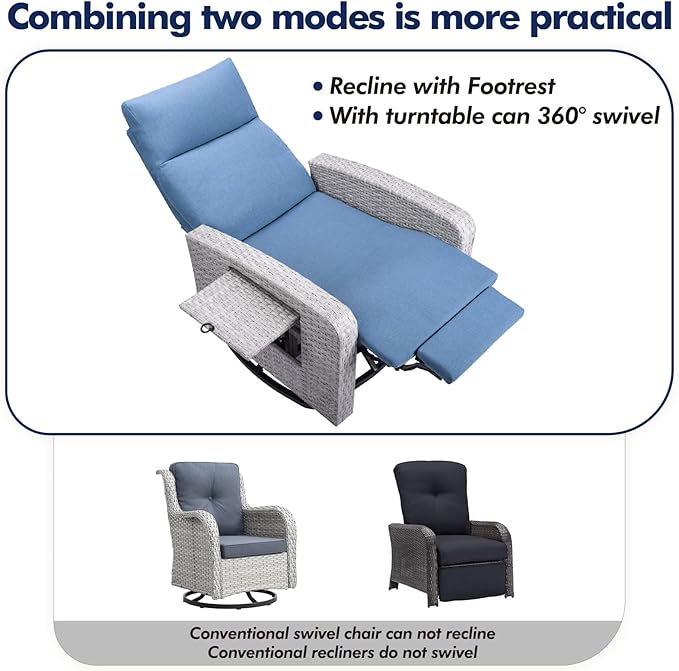 Outdoor Recliner Chair, Wicker Patio Recliners with Adjustable Backrest and Extended Foot Rest, Reclining Patio Chairs with Flip Table & Removable Cushion Cover for Porch