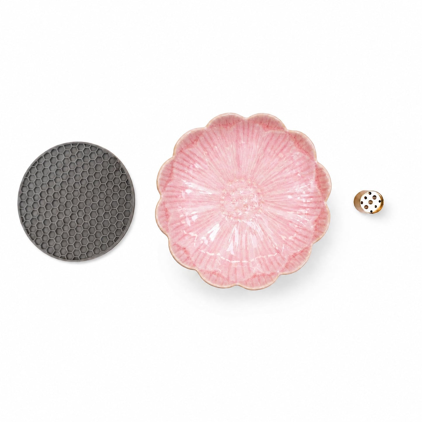 Pinehaven Pink Lotus Incense Holder – 5.5 Inch Hand-Sculpted Ceramic Tray with Ash Catcher, Brass 9-Hole Insert – for Incense Sticks, Cones, Palo Santo & Sage – Japanese Zen Home Décor for Meditation