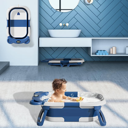 TPN Collapsible Baby Bathtub for Infants to Toddler with Real-time Temp Monitor+Floating Cushion,Foldable Baby Bath Tub Set Applicable 0-36 Month,Perfect Portable Travel Baby Tub for Newborns Boy