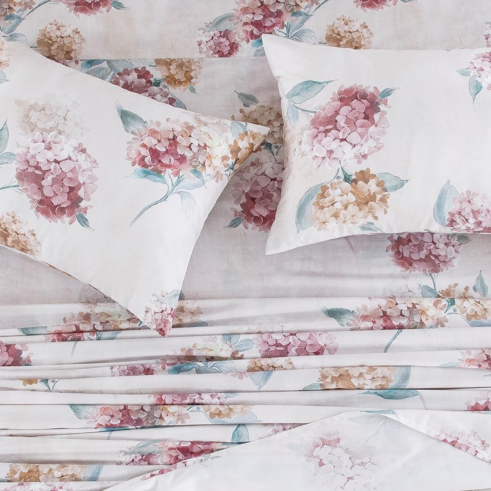 DAUAOTO Twin Size Printed Sheets Set, 100% Cotton Bedding Sets, Up to 14" Deep Mattress, Floral Pattern Bedlinen Set, Hydrangea Blush