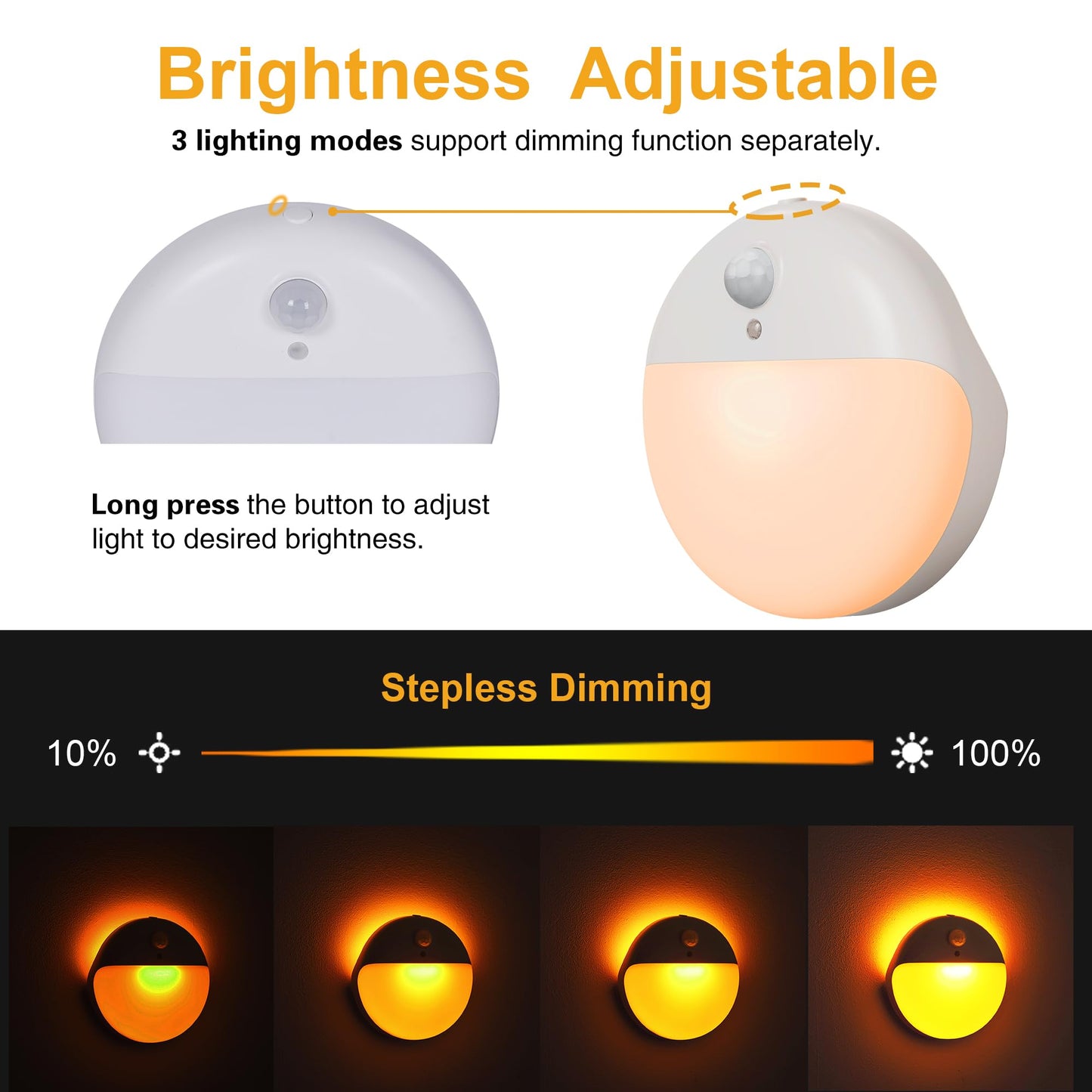 YUNLEX 2 Pack Motion Sensor Night Light, 2 Light Sources, 3 Light Modes, Night Light for Stairs, Bathroom, Bedroom, Hallway, Kitchen, Amber