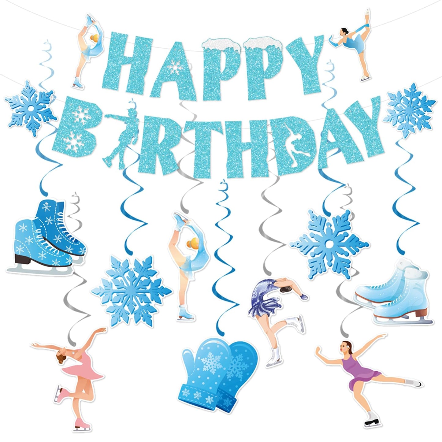 Zwiebeco Ice Skating Happy Birthday Banner Bunting Hanging Paper Swirls Garland Party Decorations for Baby Shower Winter Snowflake Themed Snow Princess Girls Women Bday Decor Accessories Supplies