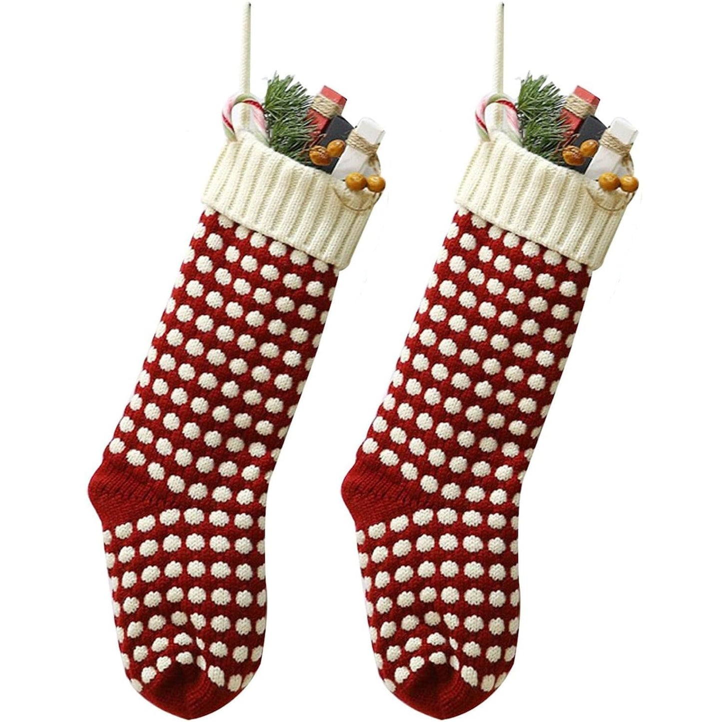 Guojanfon Christmas Stockings,Big Size 18-Inch Extra Long Hand-Knitted Red/Green Reindeer Snowflakes Xmas Character for Family Holiday Season Decor (Red&Red, 18 Inch)