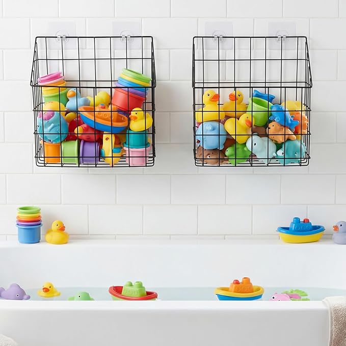 2 Pack Bath Tub Toy Storage Organizer Basket, Rustproof Black Iron Holder