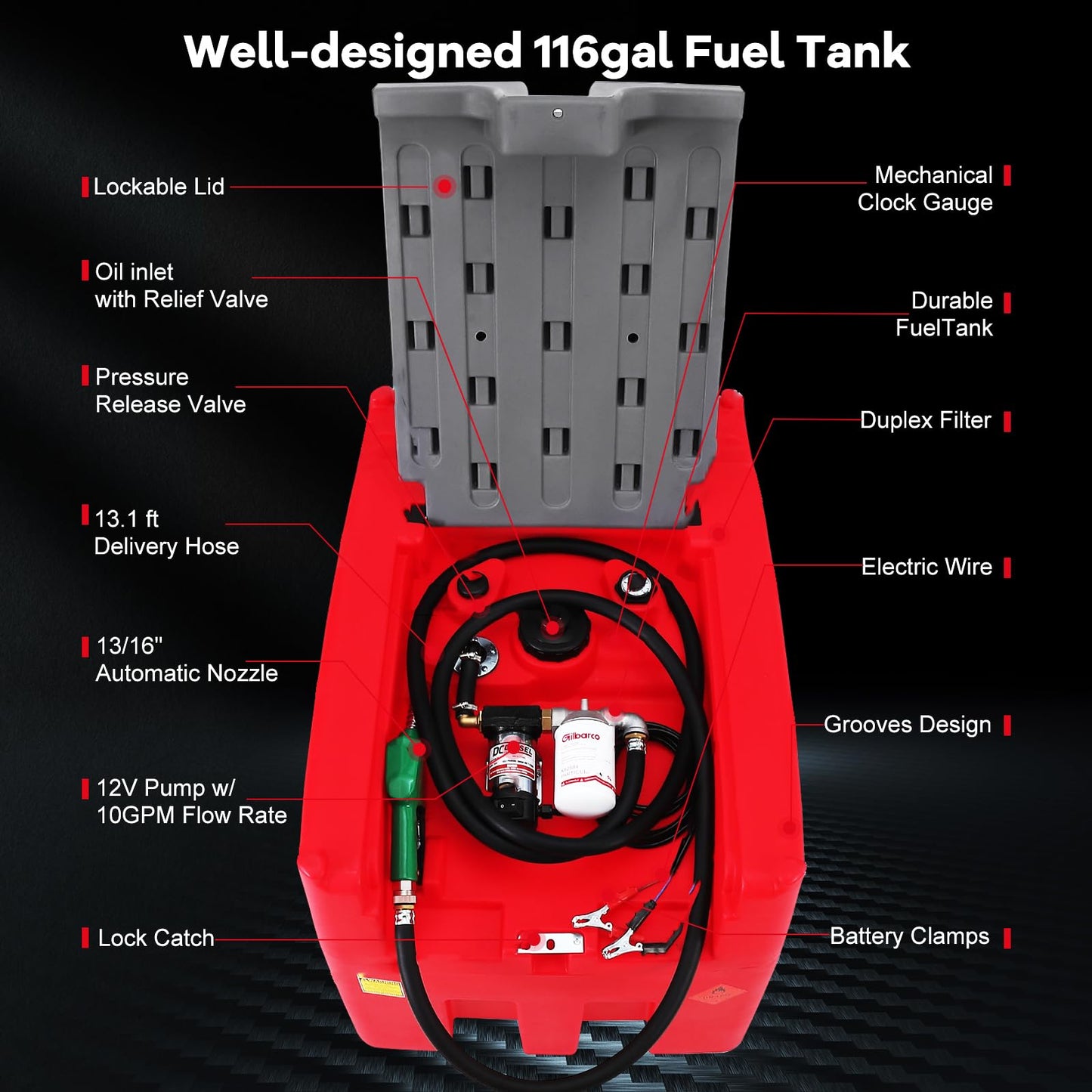 116 Gallon Portable Fuel Tank with 12V Electric Pump, 10 GPM Diesel & Gasoline Transfer Tank with 13.1 ft Hose & Auto Shut-Off Nozzle, Heavy-Duty Fuel Storage for Truck, Farm, Generator & Equipment