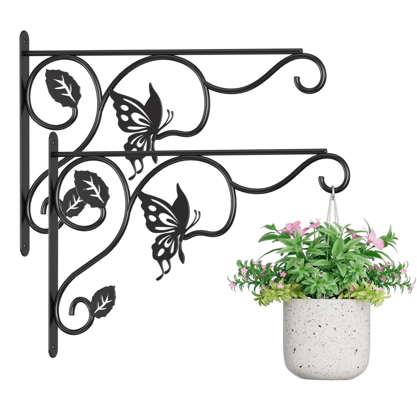 2 Pack Heavy Duty Plant Hooks for Hanging - 12 Inch Metal Wall Hangers Indoor/Outdoor, Sturdy Plant Bracket for Bird Feeders, Planters, Lanterns, Wind Chimes - Patio, Garden, Home Decor (Black)