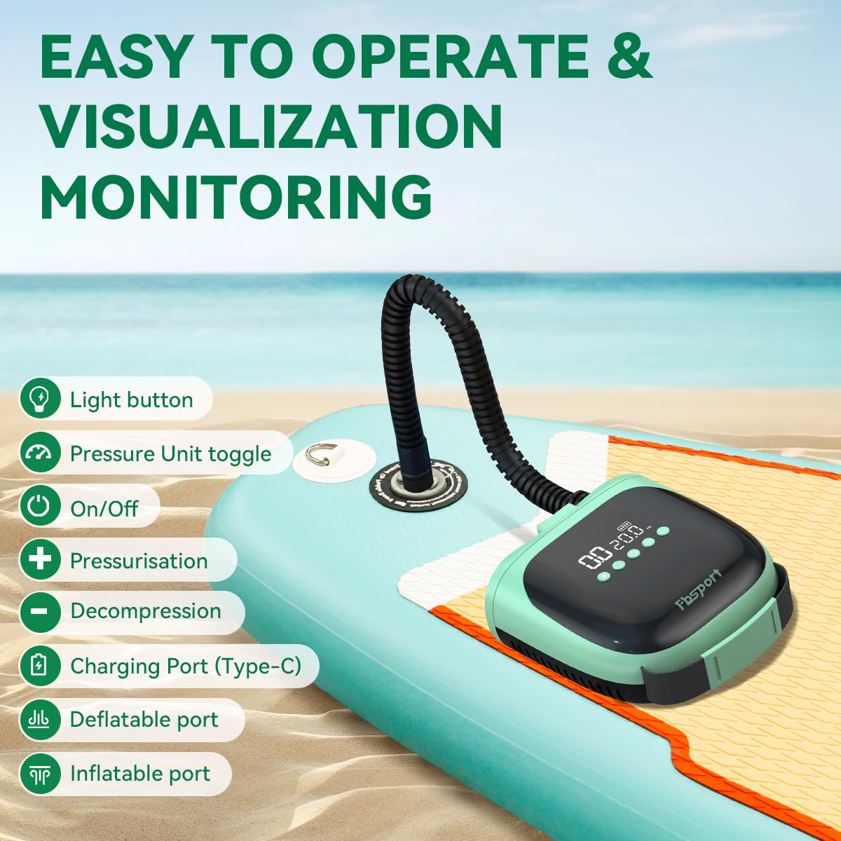 FBSPORT Paddle Board Pump Rechargeable 20PSI SUP Pump, Portable Electric Air Pump Quick Inflate & Deflate SUP Air Pump for Stand Up Paddle Boards, Kayak, Tent (Green)