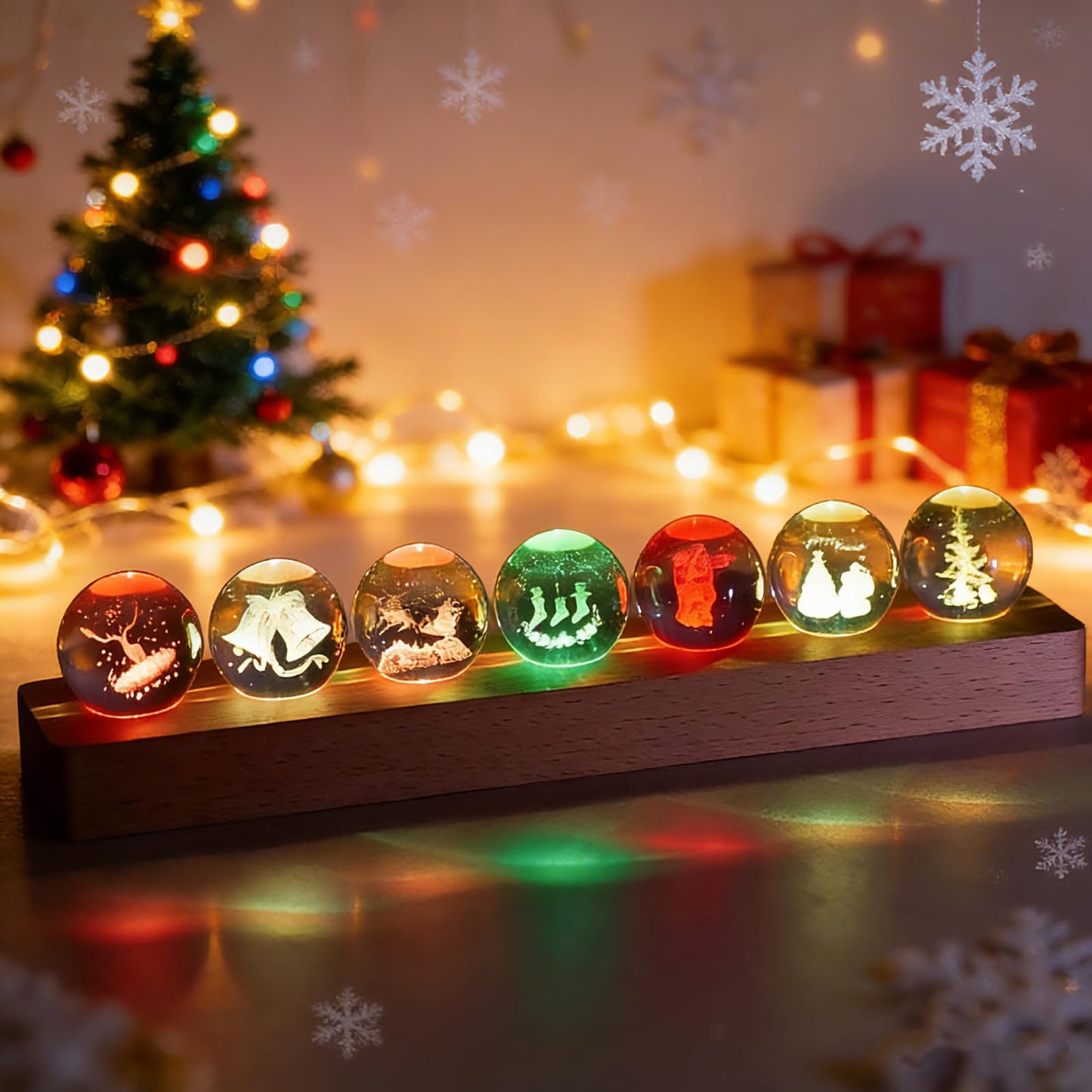 JOJOCY Christmas Glass Crystal Ball Light with Wooden Base, USB-Powered Colorful LED Night Lamp with 7 Christmas Tree Santa Claus and Elk Patterns for New Year's Gift