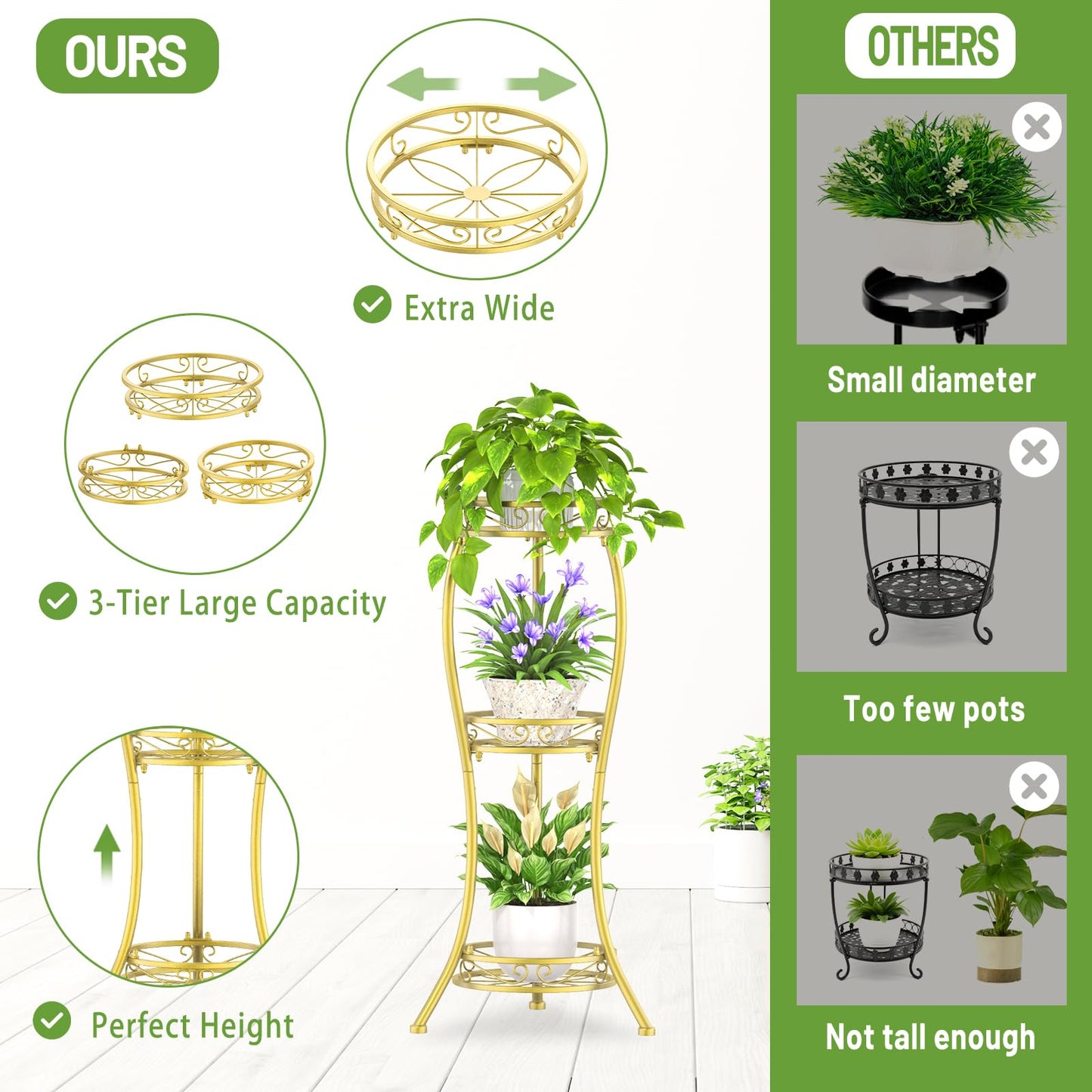 iDavosic.ly 3 Tier Tall Metal Plant Stand Indoor Outdoor, Wrought Iron Corner Flower Pot Holder Shelf, 34 Inch Vertical Display Rack for Patio Porch Living Room Garden, Gold