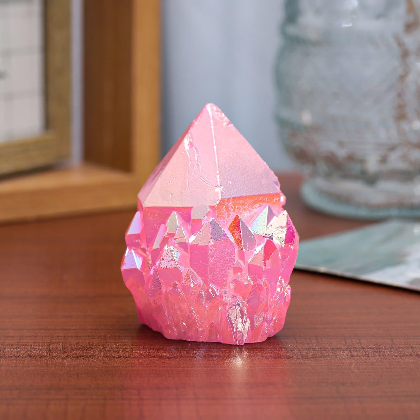 Rockcloud Natural Titanium Coated Purple AB Crystal Cluster Irregular Reiki Crystal Geode Mineral Specimen for Home Decor, Pink
