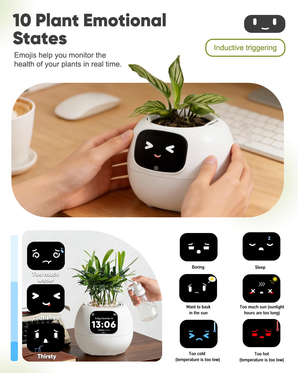 TinyShield Smart Flower Pot, Smart Pet Planter Robot Guidance on Plant Care with Emoticons, Adorable Plant Companion with Alarm Clock, Living Room Desk Setup Gift
