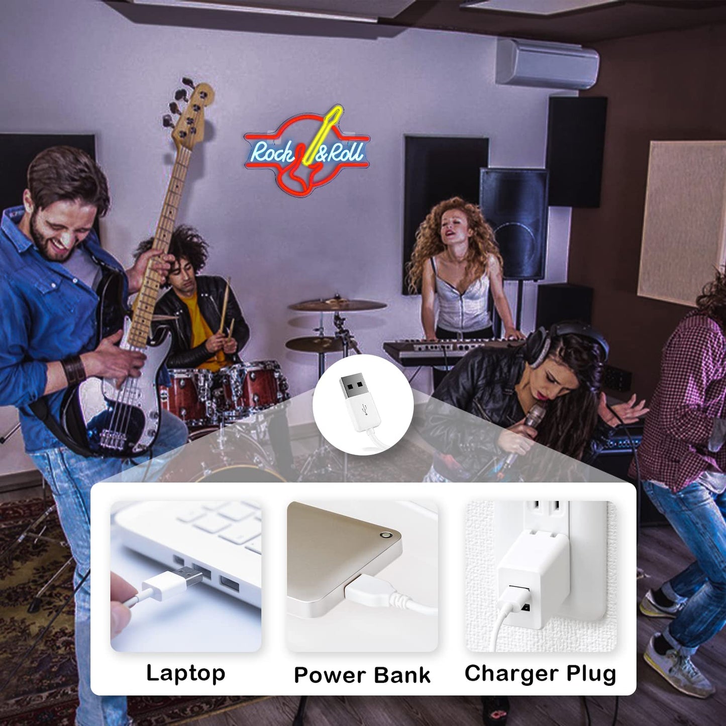 LooKLight Guitar Rock and Roll Neon Sign,Neon Light Sign,Led Neon Light for Wall Decor,Guitar Shape Light Up Sign,USB Neon for Bar Live Music Vocal Recital Concert Man Cave