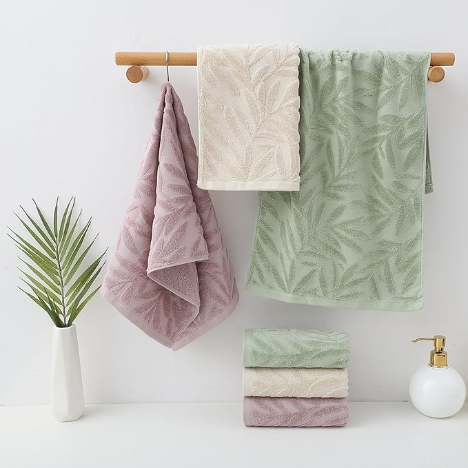 Pidada Hand Towels Set of 2 Leaf Pattern 100% Cotton Absorbent Soft Decorative