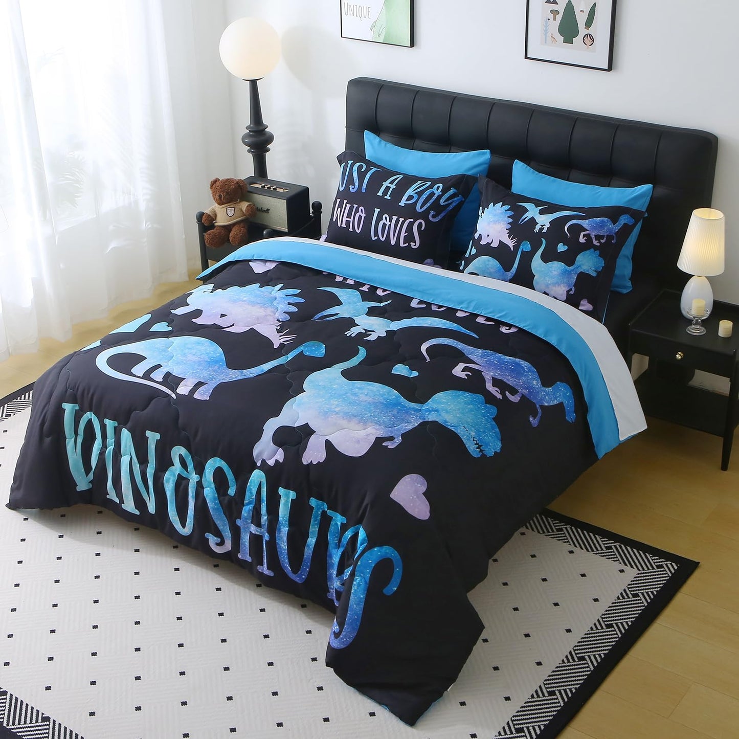 Jameswish 7 Piece Boys Dinosaur Comforter Set Twin Size Blue Dinonsaur Soft Microfiber Bed in A Bag with Comforter,Sheet Set,Pillowcase and Sham for Child Teens All Season