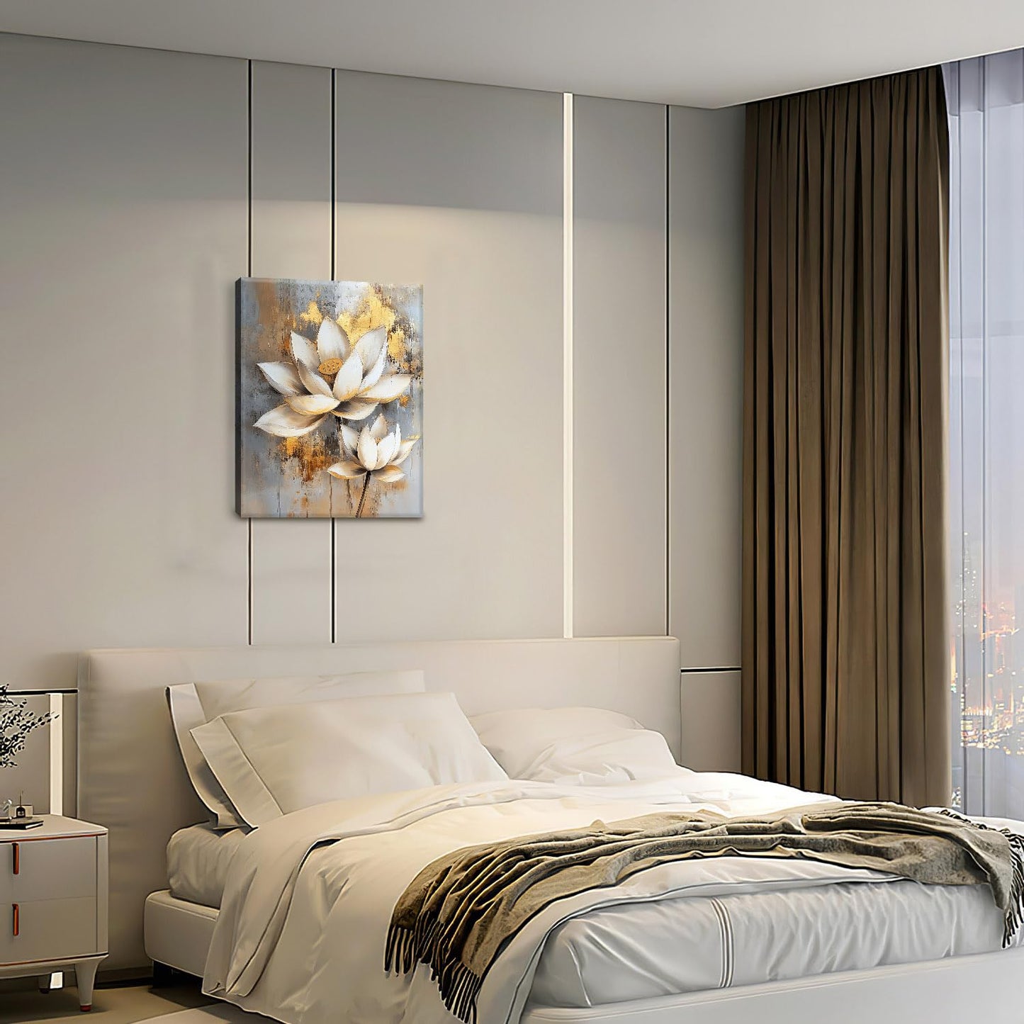 Olivine Zen Wall Art, Lotus Pictures Wall Decor, White and Golden Lotus Flower Bloom Painting Canvas Prints, Framed Artwork for Bedroom Bathroom Living Room Office Spa Meditation Yoga 16”x12”
