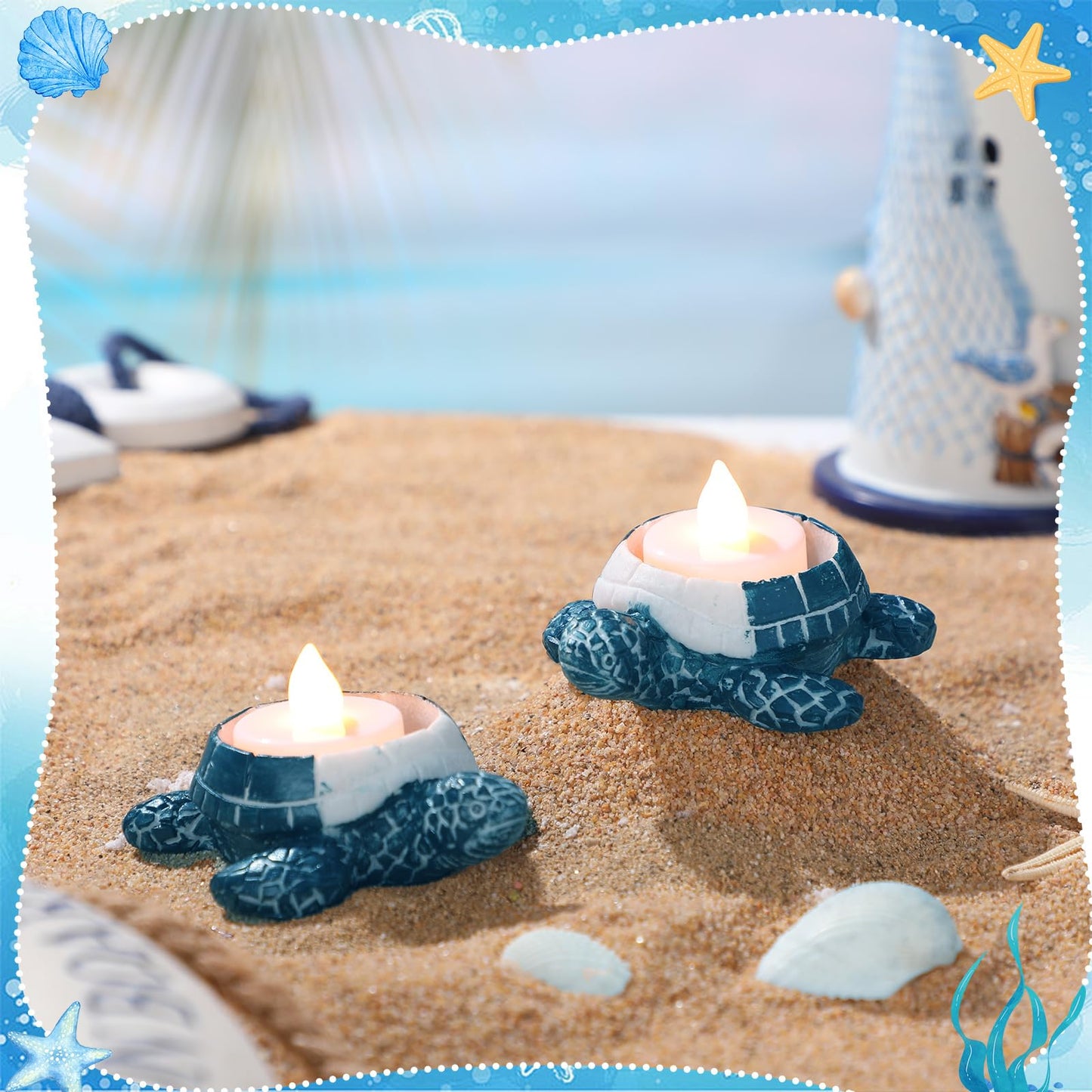 Reallnaive 2 Pcs Sea Turtle Tealight Candle Holder for Beach, Ocean Ceramic Turtle Candle Holder, Rustic Nautical Coastal Table Decor for Beach Bar Home Kitchen Housewarming Decor Gifts