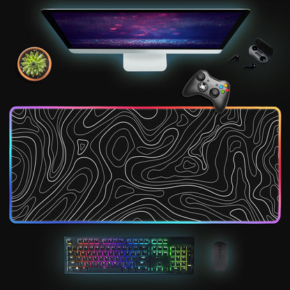 UJoowalk RGB Gaming Mouse Pad, Topographic Large, LED XL Keyboard and Mouse Pad, Desk Mat, 31.5 x 11.8 in, Black Minimalist Line Desk Pad